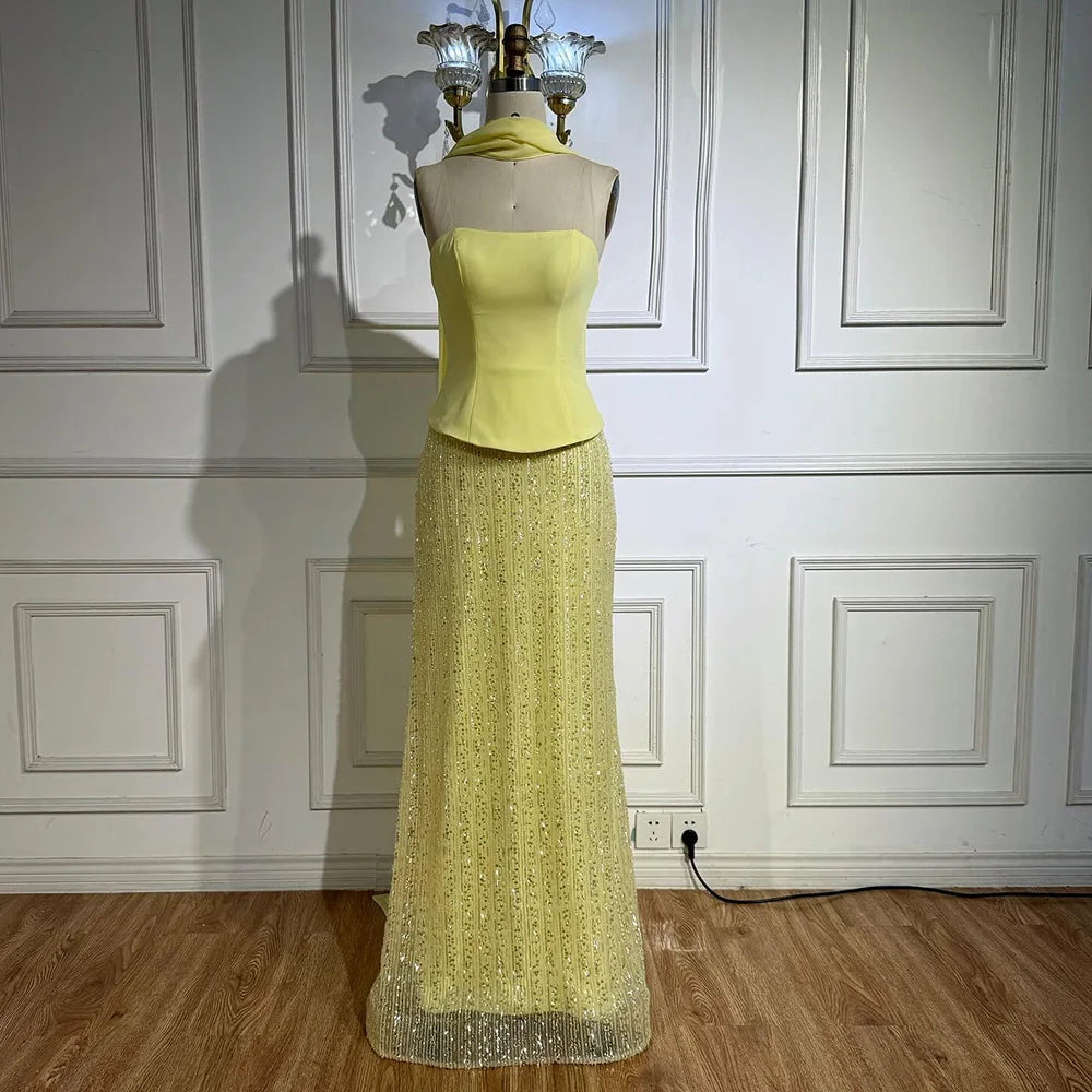 Simple Yellow Mermaid Evening Dress With Shawl CLA73007