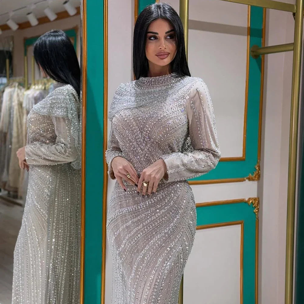 Modest Muslim Silver Nude Beaded Long Sleeves Evening Dress CLA70752H