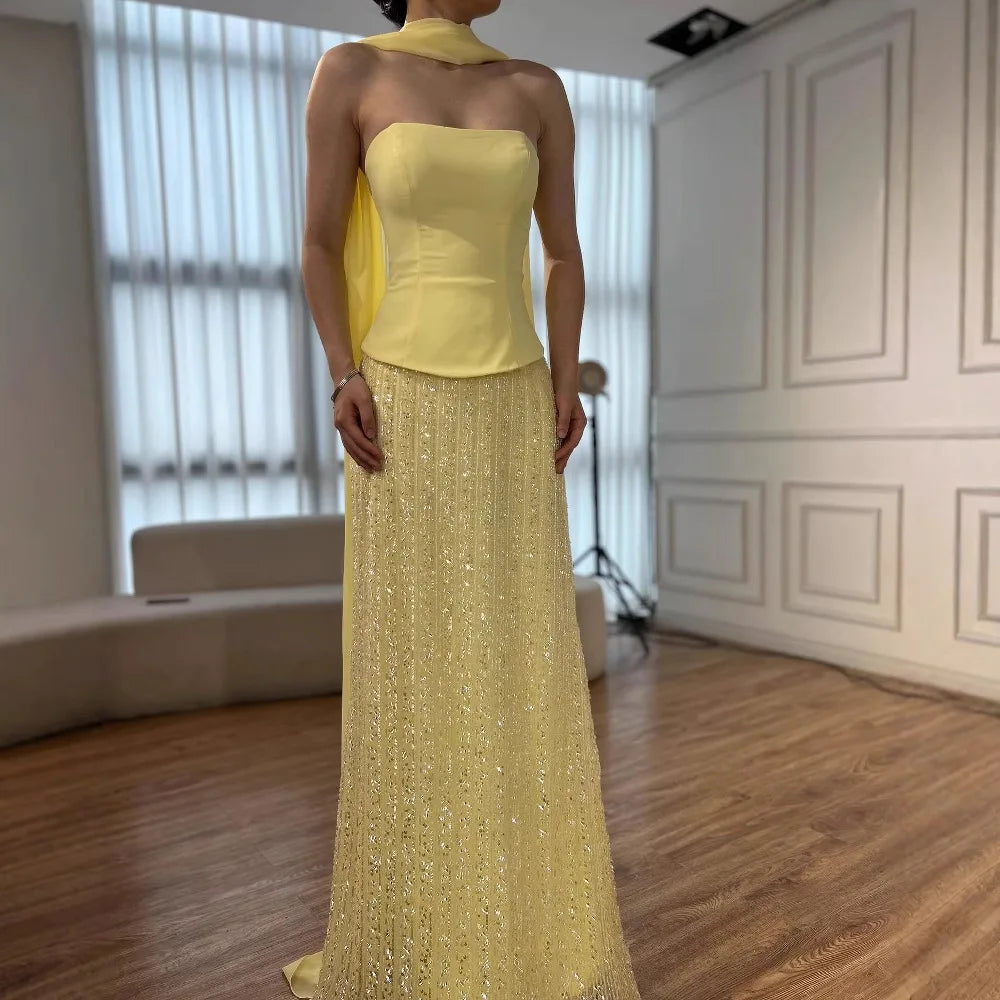 Simple Yellow Mermaid Evening Dress With Shawl CLA73007