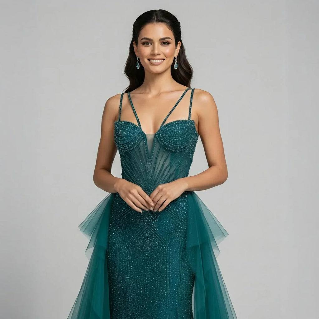 Arabic Luxury Beaded Mermaid Overskirt Evening Dress WIth Gloves Sexy Spaghetti Straps CLA73455