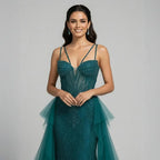 Arabic Luxury Beaded Mermaid Overskirt Evening Dress WIth Gloves Sexy Spaghetti Straps CLA73455