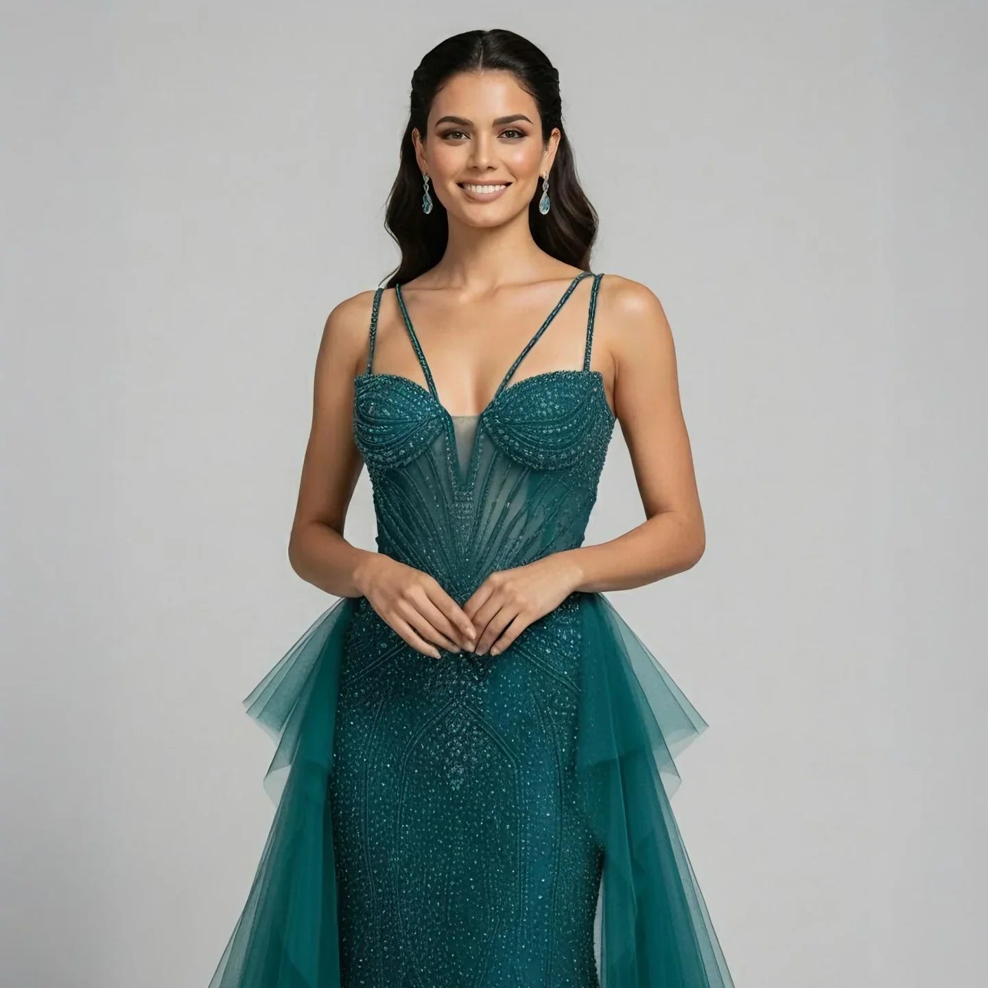 Arabic Luxury Beaded Mermaid Overskirt Evening Dress WIth Gloves Sexy Spaghetti Straps CLA73455
