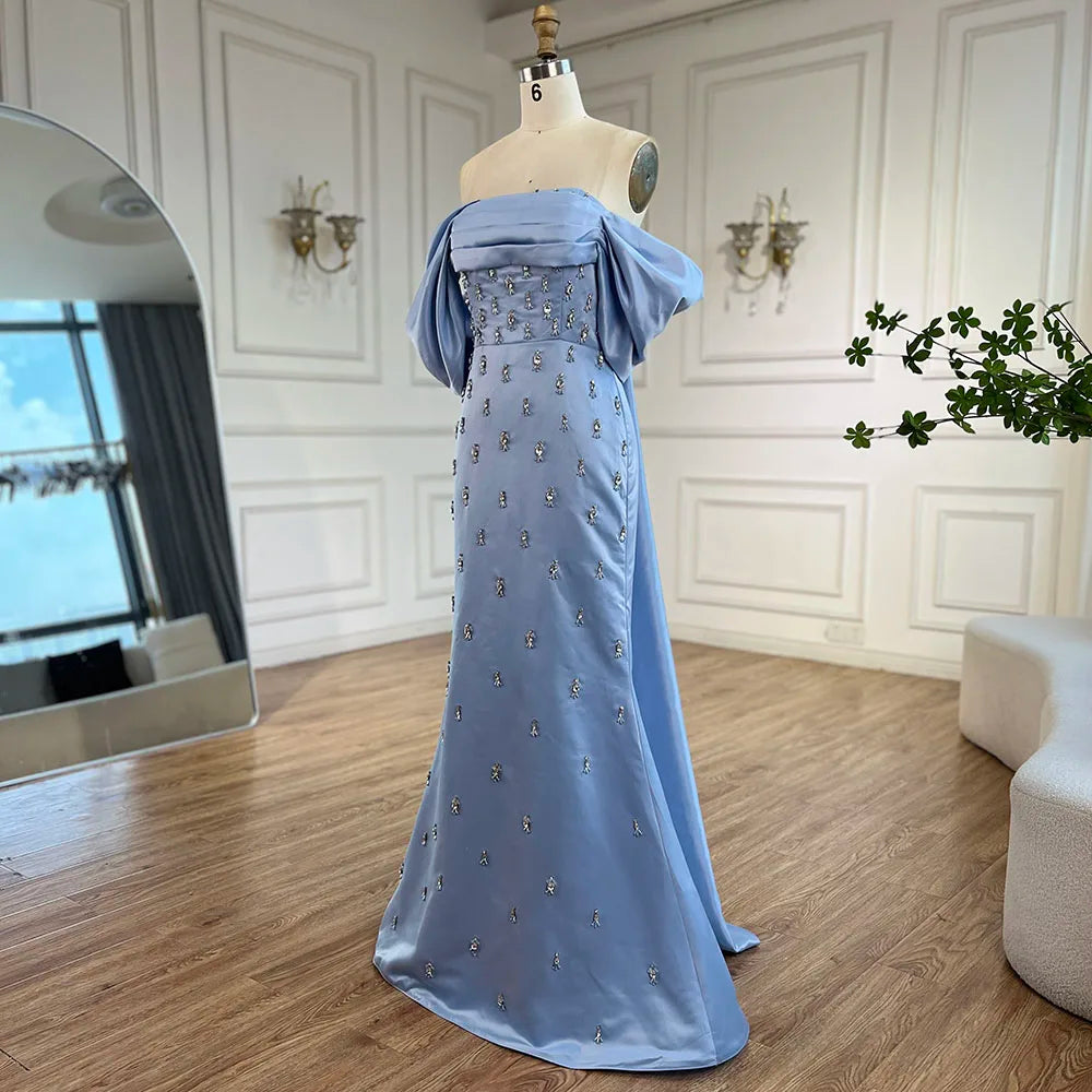 Luxury Baby Pink Off Shoulder Satin Simple Beaded Mermaid Evening Dress CLA72414