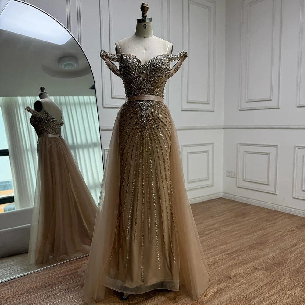 Arabic Luxury Beaded Off Shoulder Mermaid With Overskirt Evening Dress CLA73128