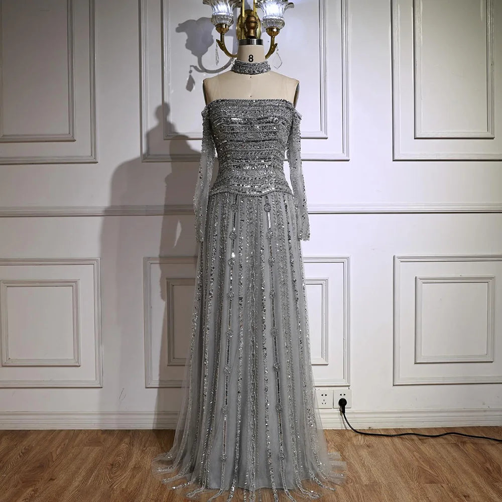 Luxury Caramel Off Shoulder Beaded Mermaid Evening Dress Long Sleeves CLA73053