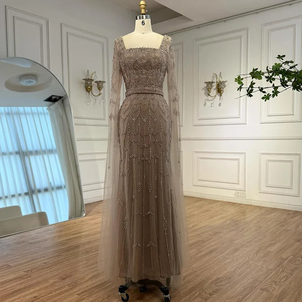 Luxury Arabic Caramel Beaded Evening Dress With Cape Sleeves CLA72966A