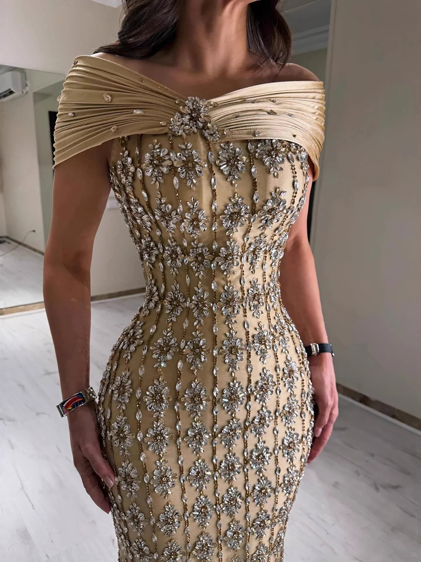 Arabic Luxury Gold Beaded Mermaid Evening Dress CLA73362