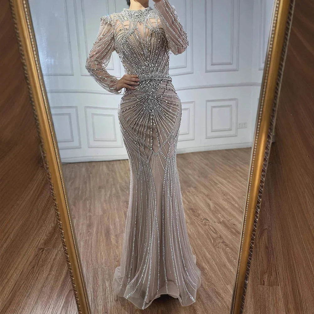 Modest Caramel High Collar Evening Dress For Women Wedding Party CLA73203
