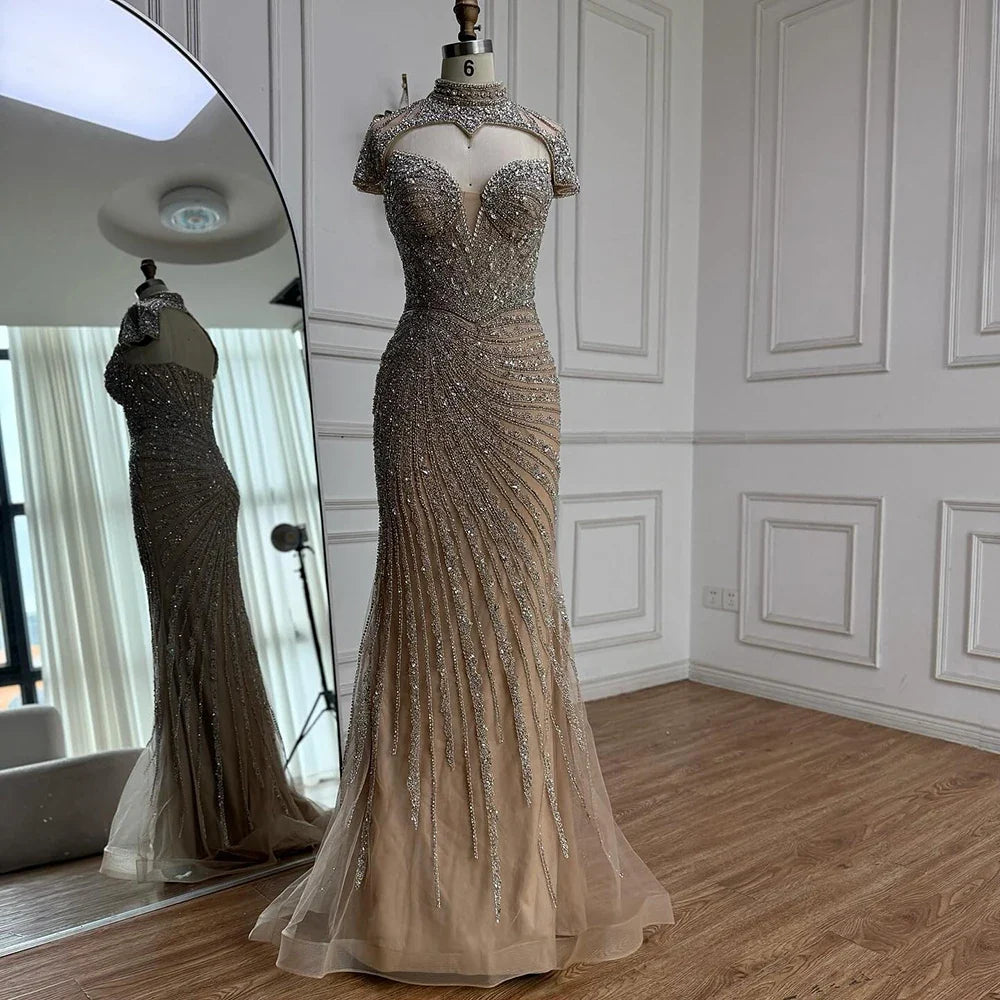 Arabic Luxury Beaded Mermaid Strapless With Detachable Cape Evening Dress CLA73087