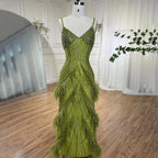 Arabic Mustard Yellow Luxury Beaded Feathers Mermaid Ankle LengthEvening Dress CLA72055