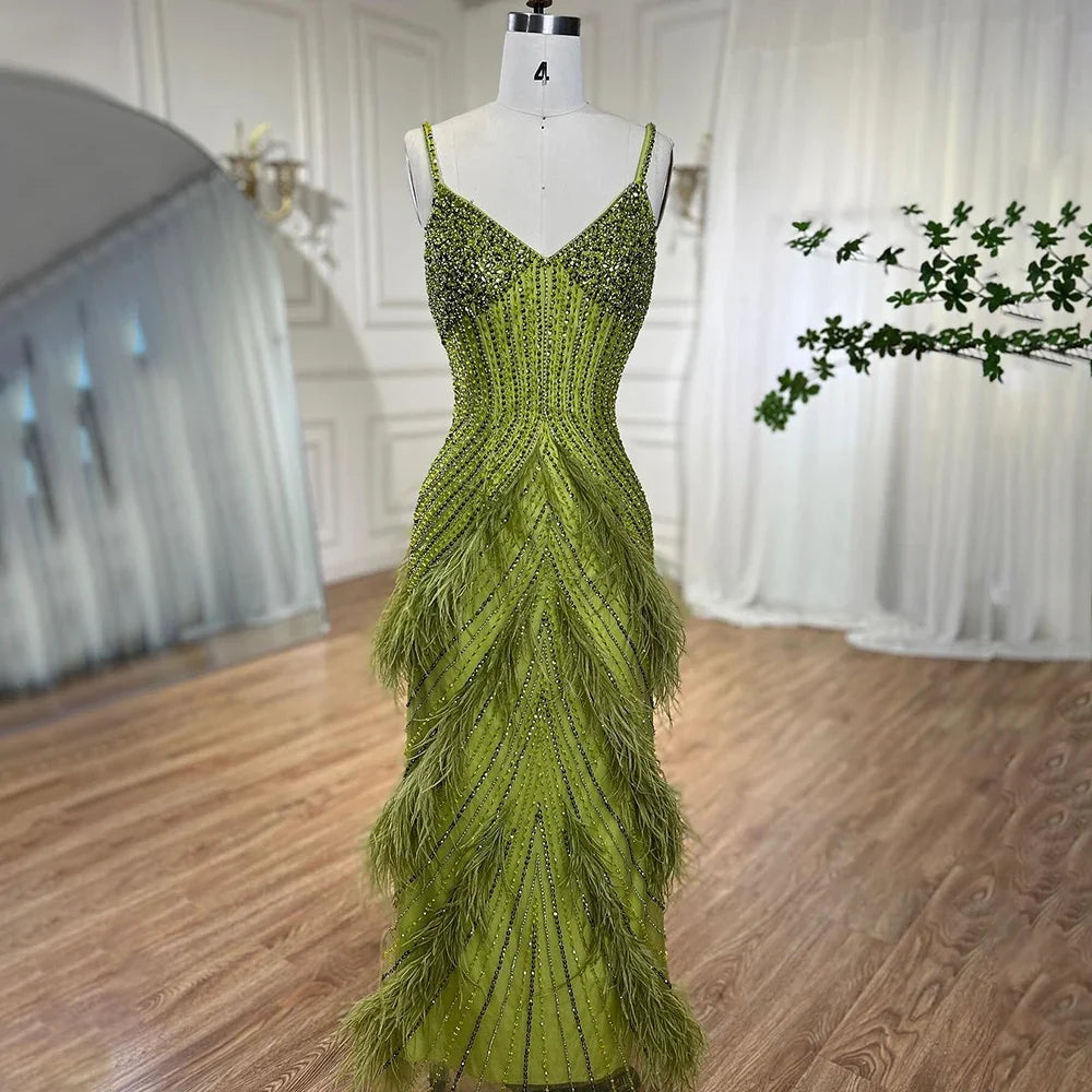 Arabic Mustard Yellow Luxury Beaded Feathers Mermaid Ankle LengthEvening Dress CLA72055