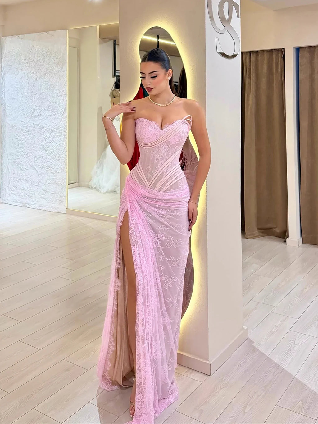 Luxury Pink Saudi Arabic Lace Embroidery Evening Dress CLA73373