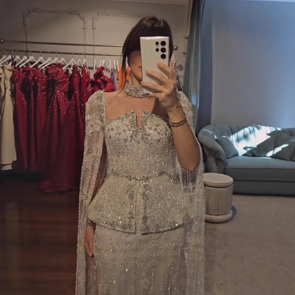 Luxury Nude Dubai Crystal Beaded Evening Dress with Cape LA73274