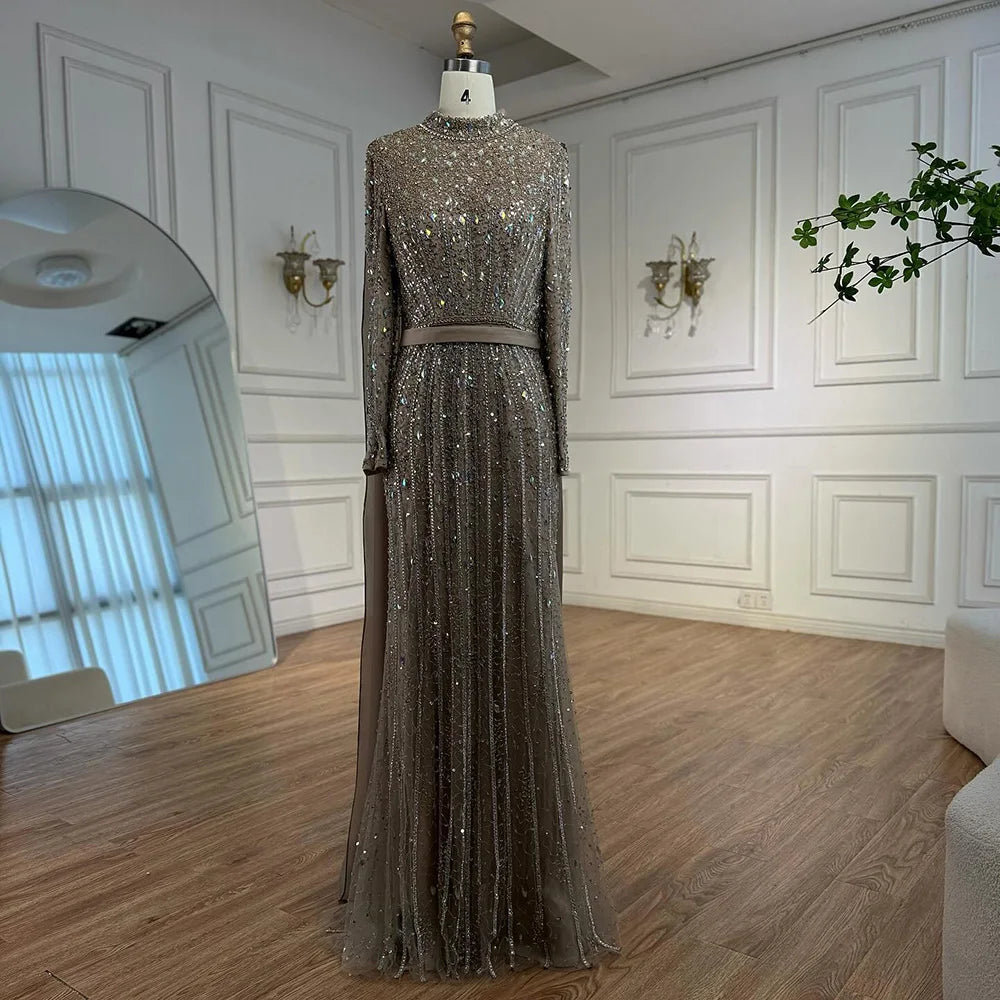 Modest Luxury Caramel Beaded Long Sleeve Evening Dress CLA72569A