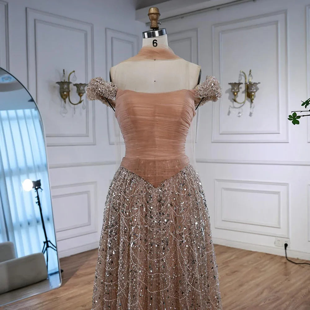 Simple Arabic Pink Pearls Beaded Evening Dress With Shawl CLA72922