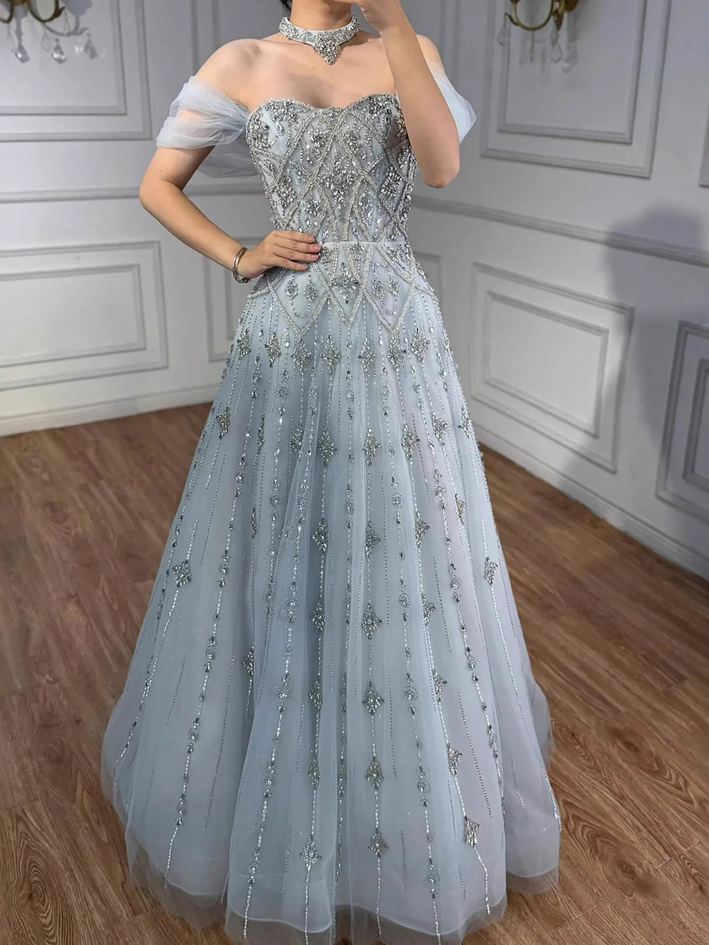 Luxury Gray Blue A-Line Dreamy Beaded Puffy Evening Dress With Necklace CLA73397