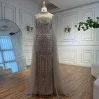 Arabic Luxury Beaded Mermaid Evening Dress Modest High Neck Cape Sleeves CLA72714A