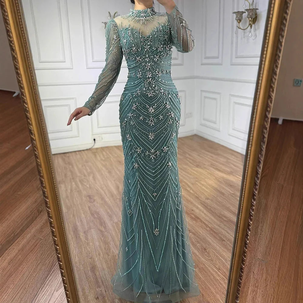 Luxury Nude Beaded Long Sleeves Modest Muslim Mermaid Evening Dress CLA73158