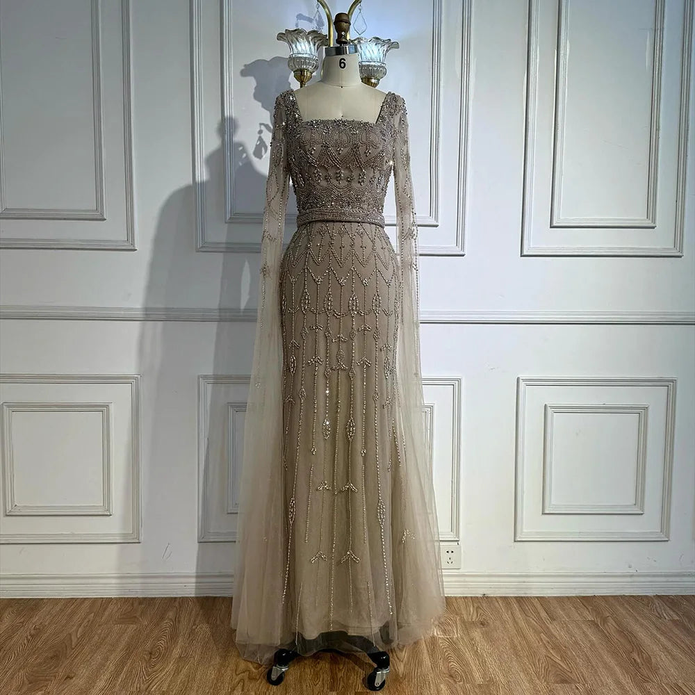 Luxury Arabic Caramel Beaded Evening Dress With Cape Sleeves CLA72966A