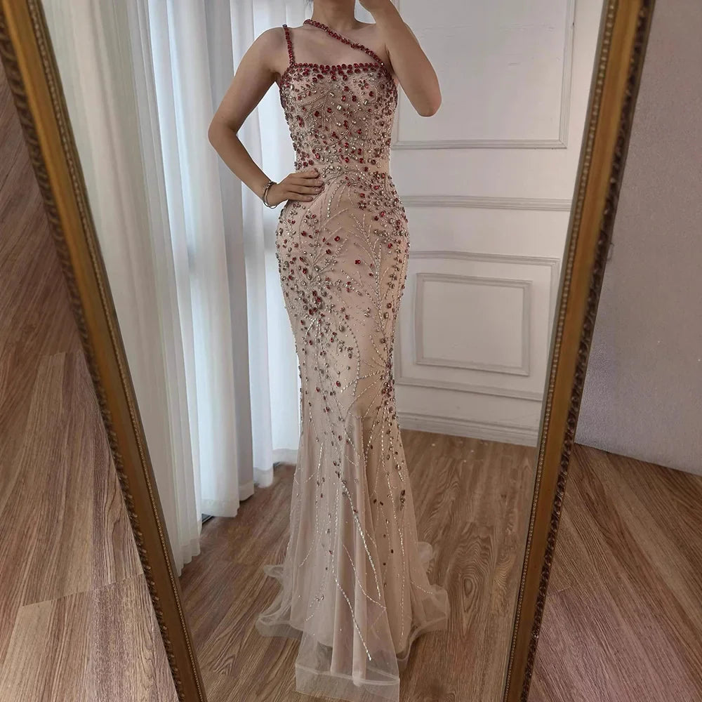 Luxury Red Saudi Arabic Crystal Beaded One Shoulder Evening Dress CLA73135