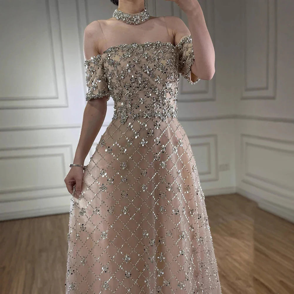Luxury Nude Sliver Off Shoulder Beaded Crystal A-Line Evening Dress CLA73122