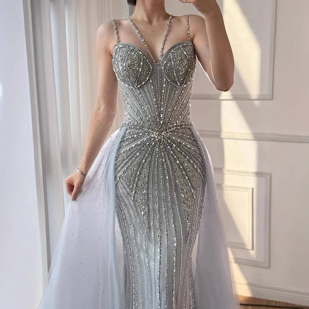Luxury Nude Spaghetti Strap Mermaid Evening Dress with Overskirt Beaded CLA73090A