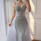 Luxury Nude Spaghetti Strap Mermaid Evening Dress with Overskirt Beaded CLA73090A