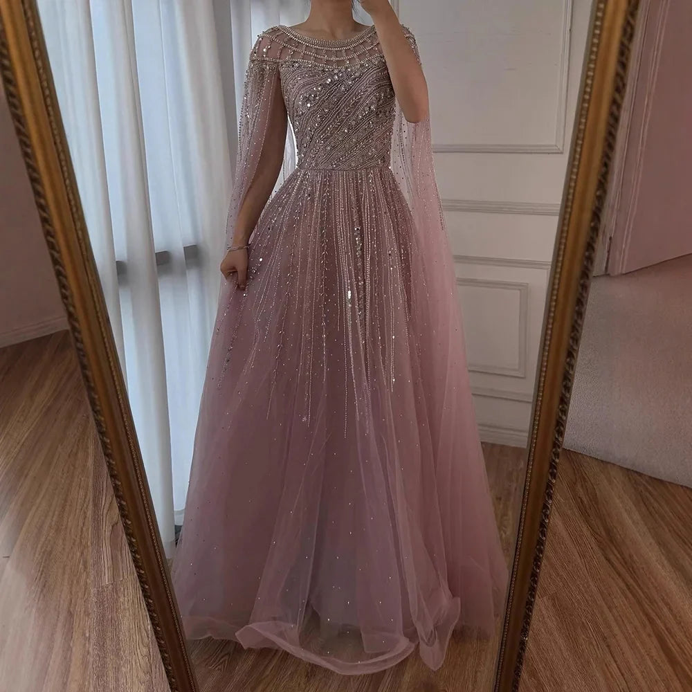 Luxury Beaded A-Line Cape Sleeves Round Neck Modest Evening Dress CLA72994