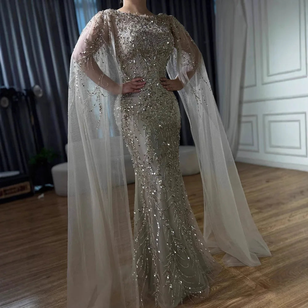 Luxury Caramel Beaded Mermaid Evening Dress With Cape Sleeves CLA73078