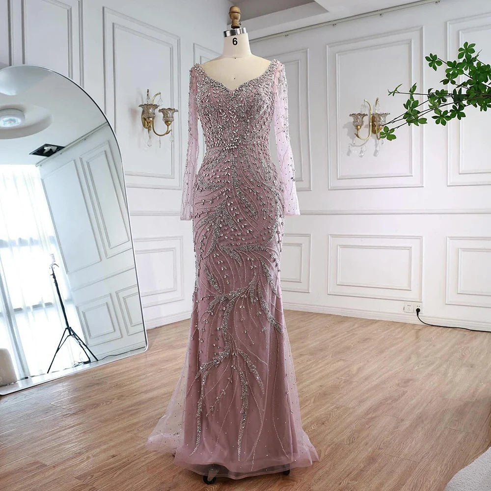 Luxury Muslim Nude Arabic Mermaid Beaded Evening Dress CLA73191