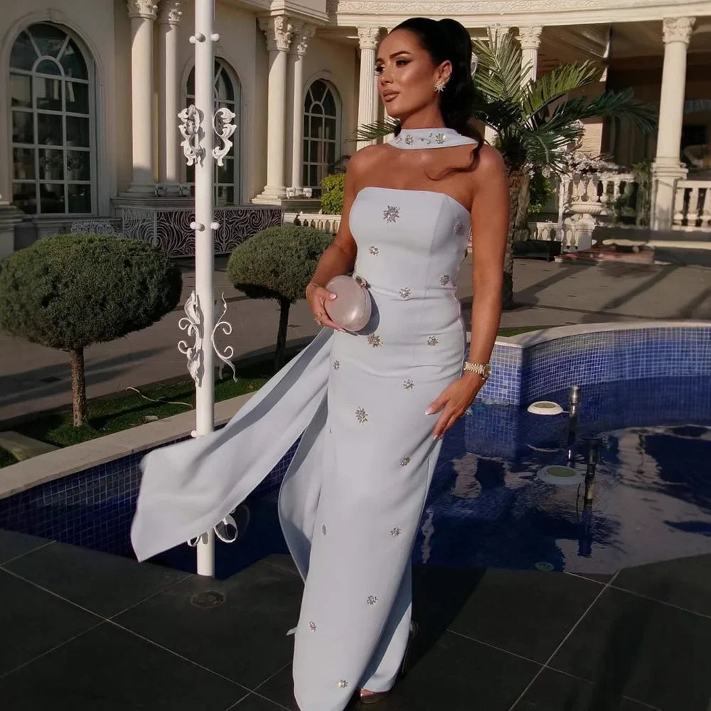 Arabic Simple Beaded Mermaid Strapless Evening Dress With Scarf Women Occasion Gown CLA73100