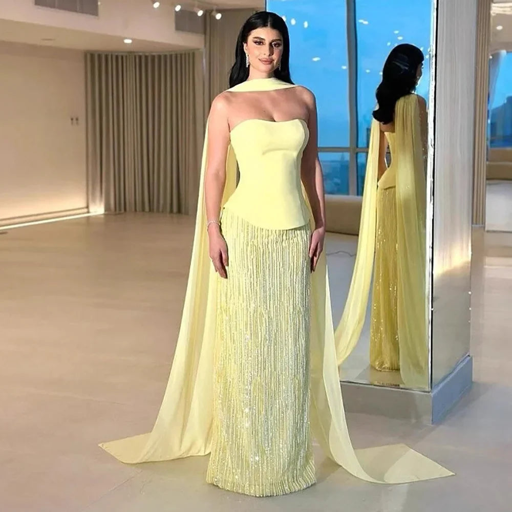 Simple Yellow Mermaid Evening Dress With Shawl CLA73007