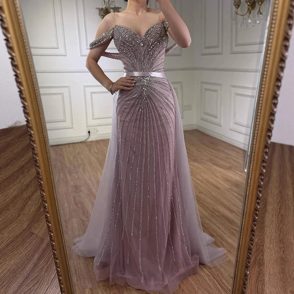 Arabic Luxury Beaded Off Shoulder Mermaid With Overskirt Evening Dress CLA73128