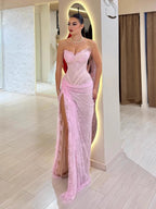 Luxury Pink Saudi Arabic Lace Embroidery Evening Dress CLA73373