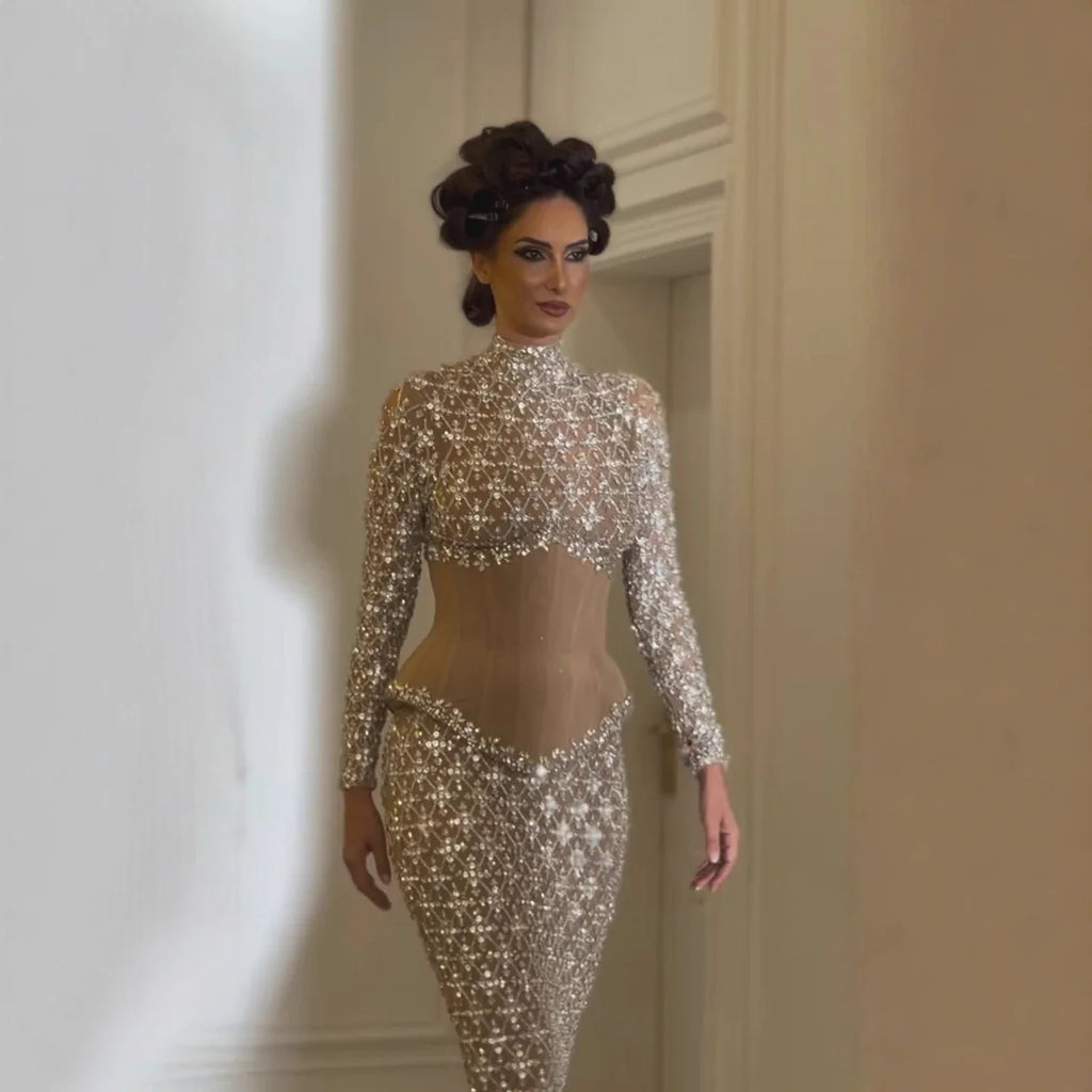 Luxury Silver Nude Beaded Corset Mermaid Evening Dress CLA73335