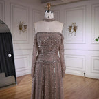 Luxury Caramel Off Shoulder Beaded Mermaid Evening Dress Long Sleeves CLA73053
