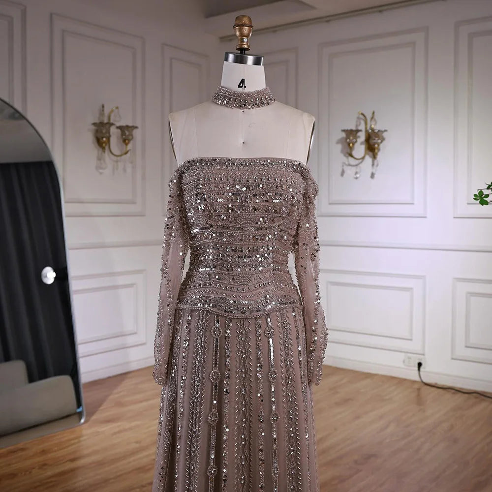 Luxury Caramel Off Shoulder Beaded Mermaid Evening Dress Long Sleeves CLA73053