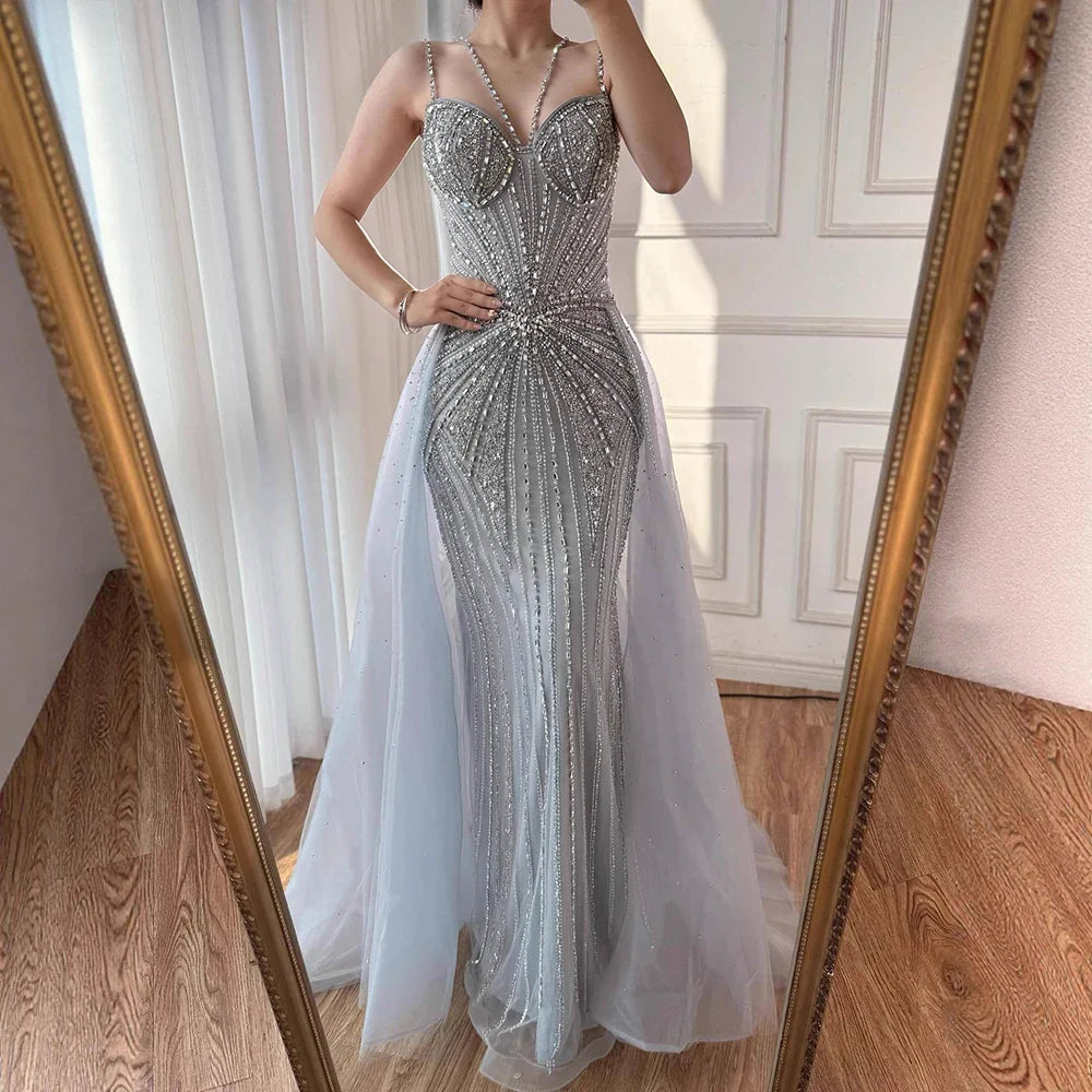Luxury Nude Spaghetti Strap Mermaid Evening Dress with Overskirt Beaded CLA73090A