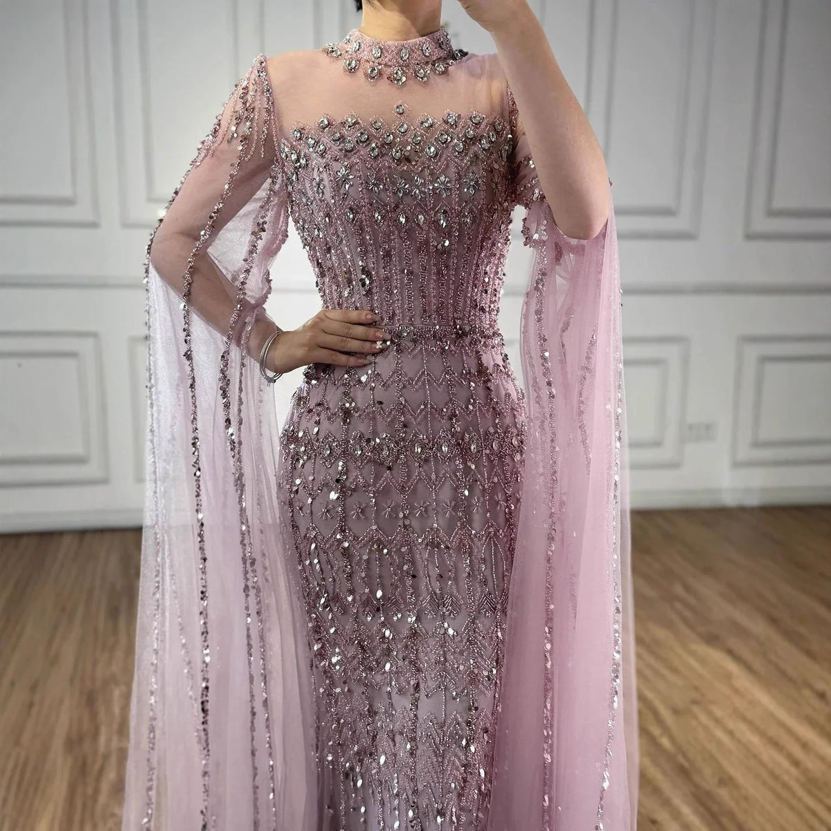 Arabic Luxury Beaded Mermaid Evening Dress Modest High Neck Cape Sleeves CLA72714A