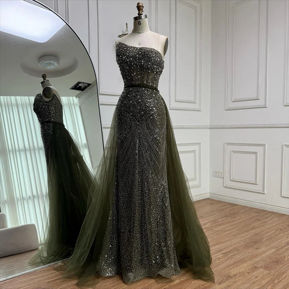 Luxury Olive Green Beaded Mermaid Evening Dress With Overskirt CLA73164A