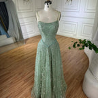 Luxury Sage Green Beaded A-Line Spaghetti Straps Evening Dress CLA72805