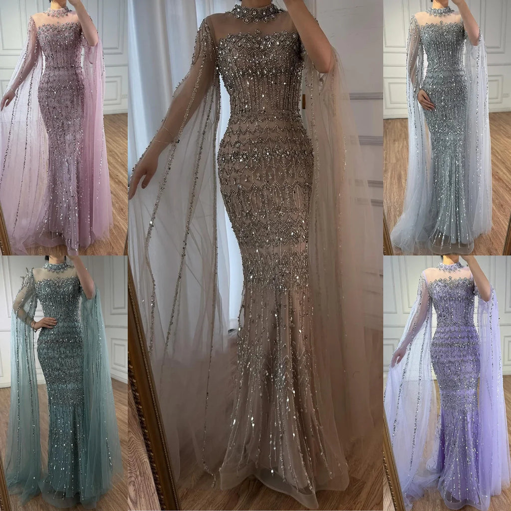 Arabic Luxury Beaded Mermaid Evening Dress Modest High Neck Cape Sleeves CLA72714A