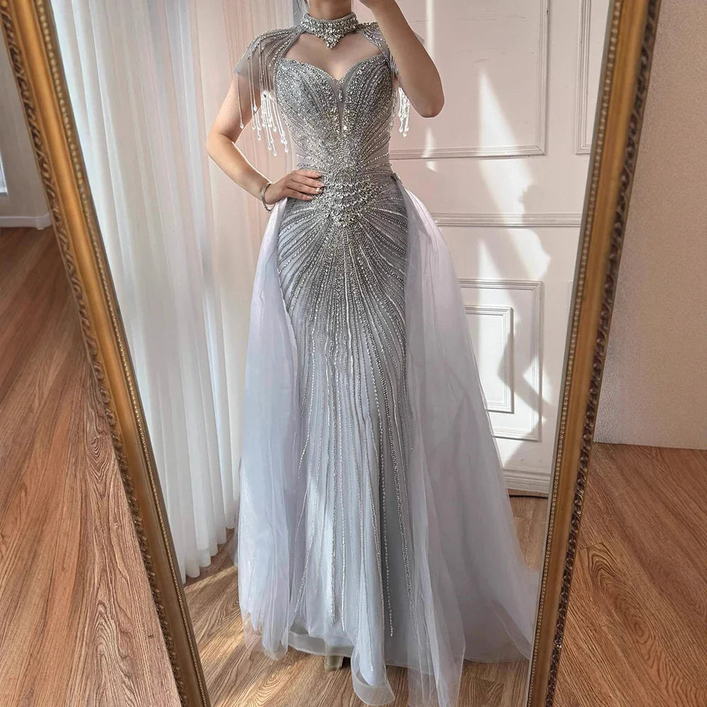 Luxury Nude Beaded Mermaid Detachable Cape Evening Dress With Overskirt CLA73182