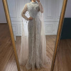 Luxury Sliver Nude Hijab Modest Muslim Beaded Mermaid Evening Dress CLA73215