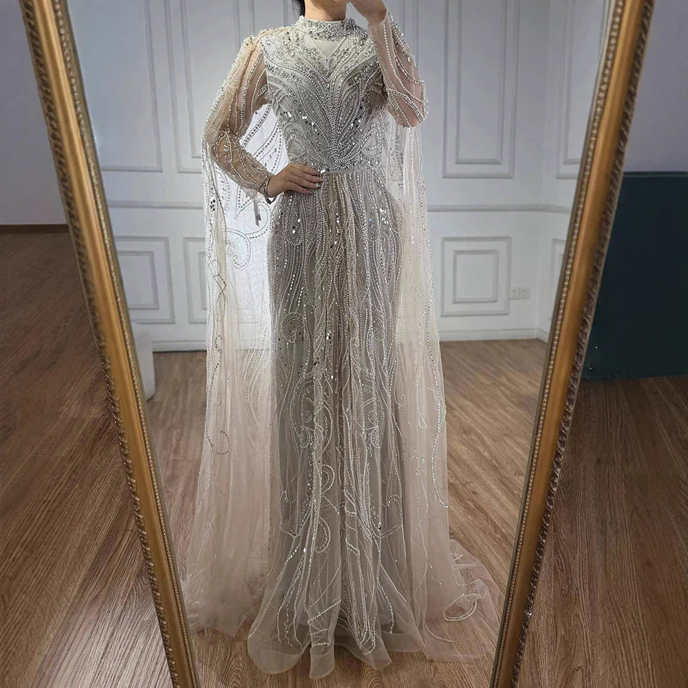 Luxury Sliver Nude Hijab Modest Muslim Beaded Mermaid Evening Dress CLA73215