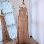 Luxury Rose Gold Beaded Off-Shoulder Evening Dress With Cape Sleeves CLA73076
