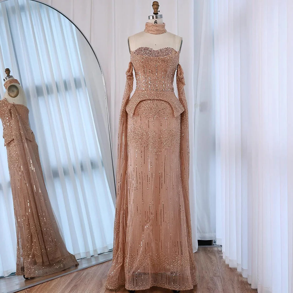 Luxury Rose Gold Beaded Off-Shoulder Evening Dress With Cape Sleeves CLA73076