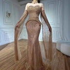 Luxury Rose Gold Beaded Off-Shoulder Evening Dress With Cape Sleeves CLA73076