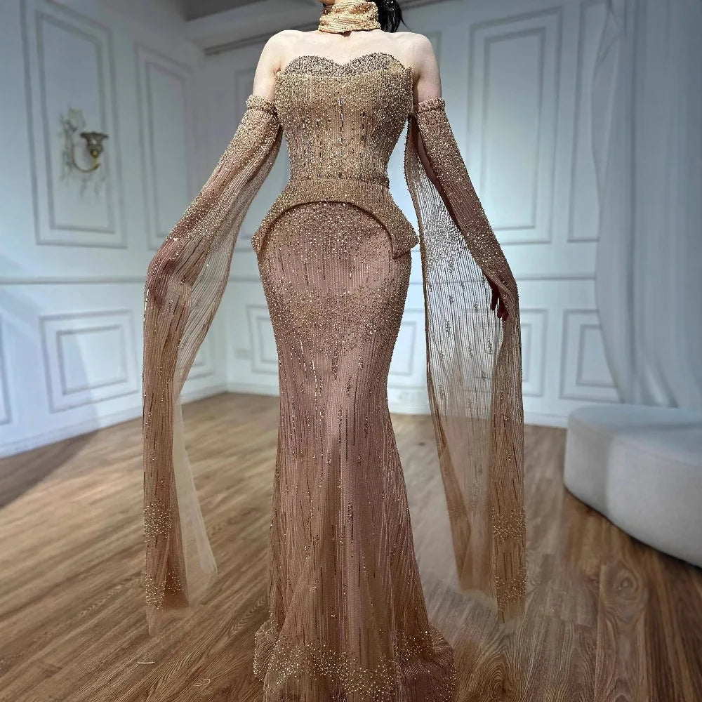 Luxury Rose Gold Beaded Off-Shoulder Evening Dress With Cape Sleeves CLA73076