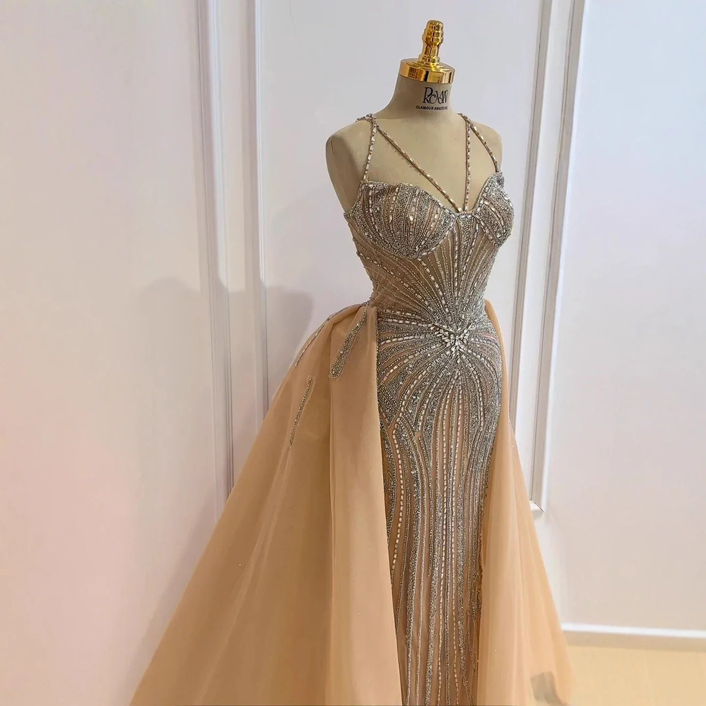 Luxury Nude Spaghetti Strap Mermaid Evening Dress with Overskirt Beaded CLA73090A